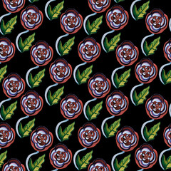 Watercolor seamless pattern with bloosoming flowers on black background.