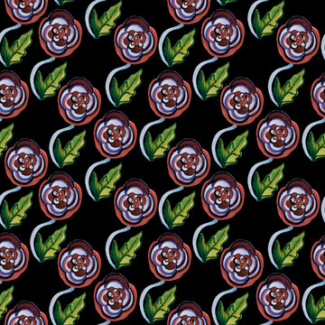 Watercolor seamless pattern with bloosoming flowers on black background.