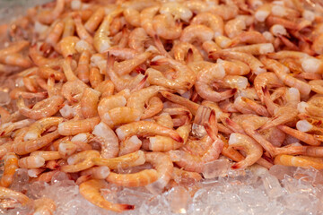 Closeup of fresh caught pink baby shrimp at a local fish and seafood market.