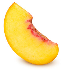 Isolated peach. Ripe slice of peach fruit stand isolated on white background with clipping path