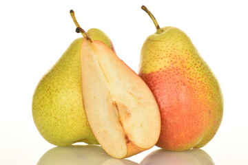Sweet ripe pear, close-up, on a white background.