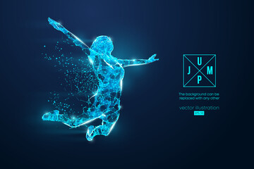 Abstract silhouette of a wireframe jumping woman. People in a jump symbolize freedom. Woman from particles on the blue background. Convenient organization of eps file. Vector. Thanks for watching