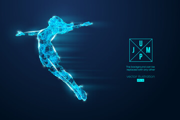 Fototapeta premium Abstract silhouette of a wireframe jumping woman. People in a jump symbolize freedom. Woman from particles on the blue background. Convenient organization of eps file. Vector. Thanks for watching