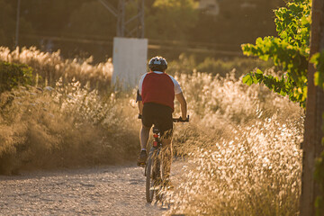 Hombre teniendo un estilo de vida saludable dando un agradable paseo en bicicleta de montaña por...