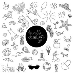 Summer set with black outline signs and elements on a white isolated background