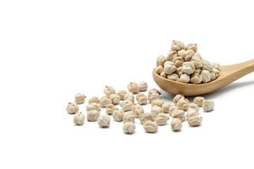 A wooden spoon of dried chickpeas on white background, Chick peas are used in many dishes, With high nutritional value, High-protein soybean Constipation Reduce the risk of colon cancer, Hemorrhoids.