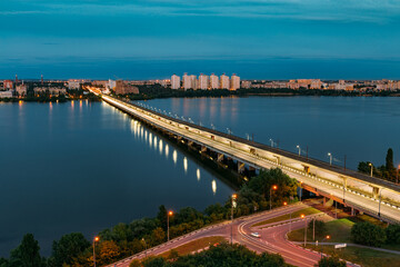 Fototapeta na wymiar Evening Voronezh. Northern bridge over Voronezh river, aerial view