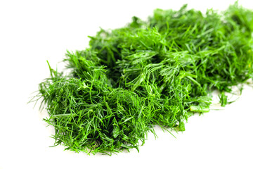 Chopped into small pieces dill isolated on white background, fresh dill