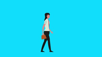 Cartoon businesswoman character walking on studio