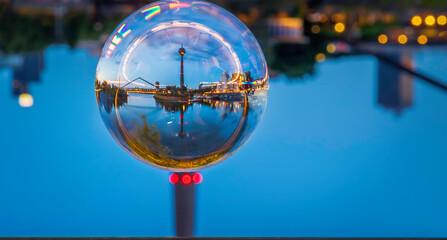 Dusseldorf, Germany - Night View Crystal Glass Ball Travel around the World - TV Tower Harbor Rhine River Promenade in Dusseldorf Germany