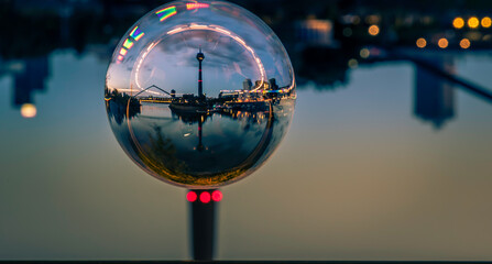 Dusseldorf, Germany - Night View Crystal Glass Ball Travel around the World - TV Tower Harbor Rhine...