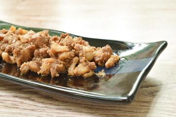 steamed slice pork with belly on plate dipping spicy sauce