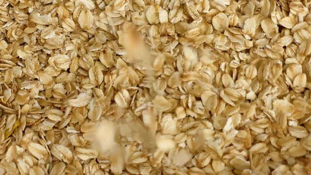 oat flakes falling slow motion large group rotating closeup