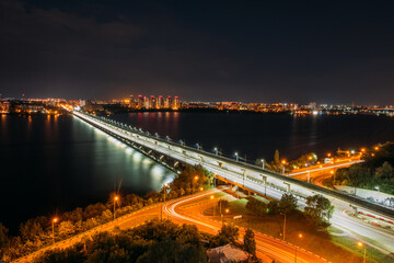 Night Voronezh. Northern bridge over Voronezh river, aerial view