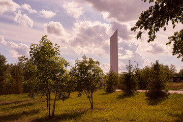  View of the Stelu Monument. In memory of the fallen soldiers in the Second World War in Uralsk,...