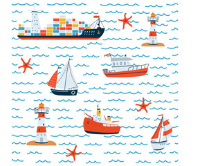 Kids sea seamless pattern with ship, sailboat, lighthouse, boat on white background in cartoon style. Cute texture for kids room, Wallpaper, textiles, wrapping paper, apparel. Vector illustration