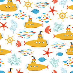 Kids sea seamless pattern with yellow submarine, fish in cartoon style. Cute texture for kids room, Wallpaper, textiles, wrapping paper, apparel. Vector illustration
