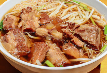 Braised pork noodle on white cup