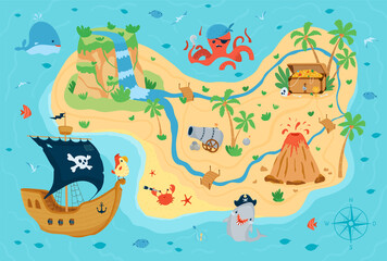 Pirate treasure map for children in cartoon style. Cute concept for kids room design, Wallpaper, textiles, play, apparel. Vector illustration - 360883589