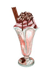 Watercolor chocolad ice cream in a glass. Hand drawn sundae Illustration with chocolate stick and cream on top.