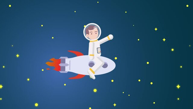 Little boy animation riding a rocket in space