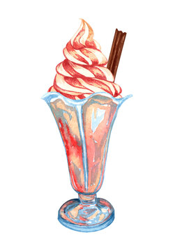 Watercolor strawberry ice cream in a glass. Hand drawn sundae Illustration with chocolate stick on top.