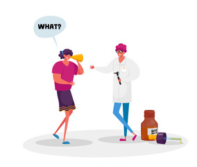 Medical Hear Exam, Female Character Hard of Hearing. Young Woman Suffering of Hearing Impairment Visiting Doctor for Appointment, Treatment or Impair Diagnosis. Cartoon People Vector Illustration