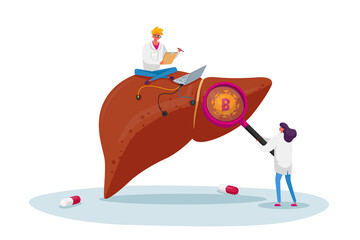 Hepatitis B Disease Concept Tiny Doctor Characters Sitting on Huge Liver Working on Laptop, Look in Magnifier. Internal Organs Disease Treatment and Health Care. Cartoon People Vector Illustration