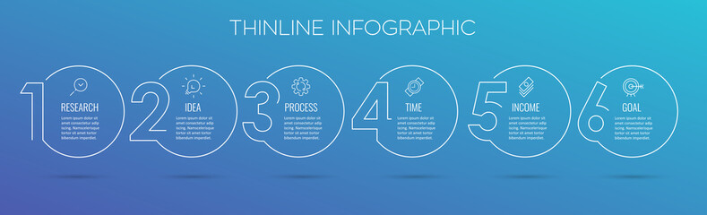 Vector Infographic thin line design with icons and 6 options or steps. Infographics for business concept. Can be used for presentations banner, workflow layout, process diagram, flow chart, info graph