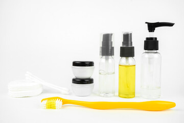 toiletries necessaries set in small bottles for traveling