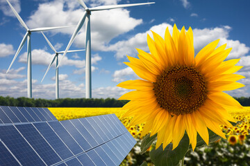 Obrazy  Koncepcja zielonej energii lub odnawialnych źródeł energii na polach słonecznych turbin wiatrowych i paneli słonecznych w upalny letni dzień