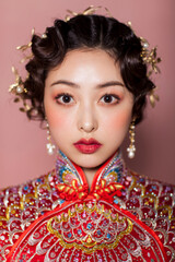 Fototapeta premium Beautiful Asian costume woman in pink background