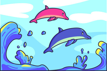 Fototapeta na wymiar pink dolphin and blue dolphin jump over the waves