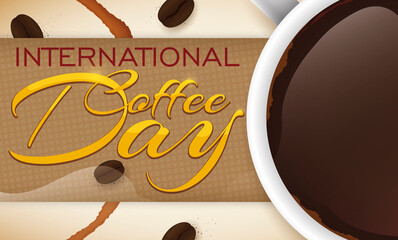 Sack Label, Stain, Beans and Cup for International Coffee Day, Vector Illustration