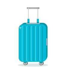 Blue plastic travel bag, luggage suitcase for air or road travel isolated on white background. Vector Illustration in flat style, for printing on flyers and booklets.             