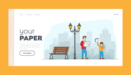 Press Social Media Information Landing Page Template. Characters Read and Sell Newspapers. Character Read News Walking at Work. Sales Boy Offer Publication on Street. Linear People Vector Illustration
