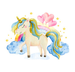 Isolated cute watercolor unicorn and flowers clipart. Nursery unicorns illustration. Princess unicorns poster. Trendy cartoon horse.