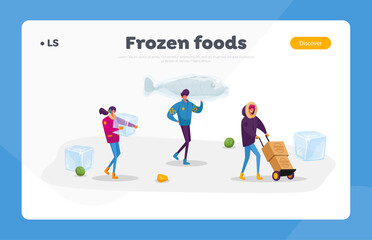 Healthy Refrigerated Food Landing Page Template. Tiny Characters Carry Huge Frozen Fish and Box with Products with Ice Cubes. People Freezing Production for Long Storage. Cartoon Vector Illustration