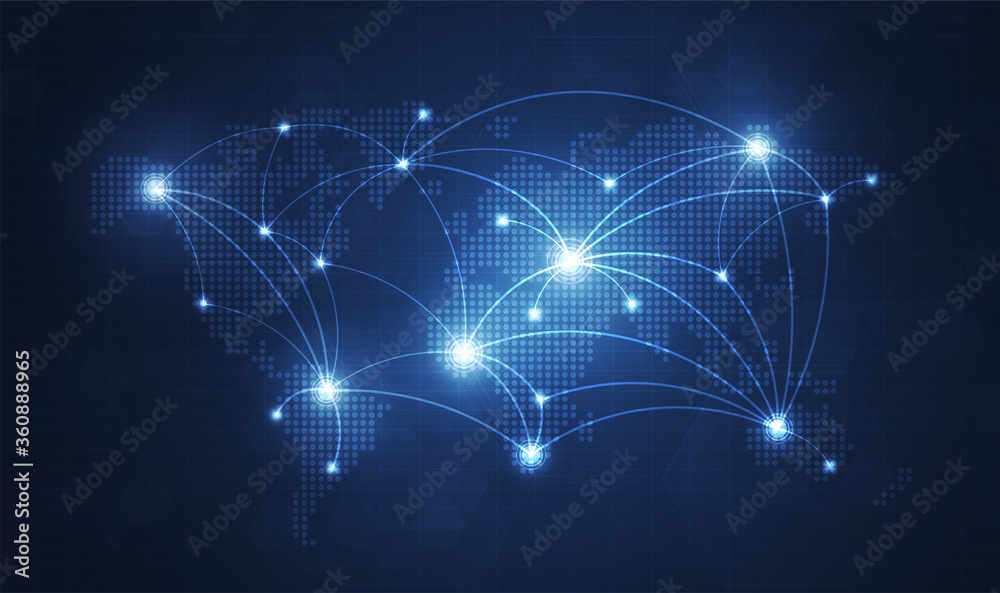 Aufkleber global network technology background with world map or social media communication internet network c
