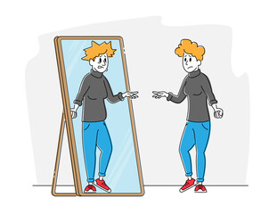 Female Character with Low Self-esteem Looking at Mirror See herself Reflection as Ugly Woman with Old Haggard Face. Disgust to Self Appearance, Depression, Mental Problem. Linear Vector Illustration