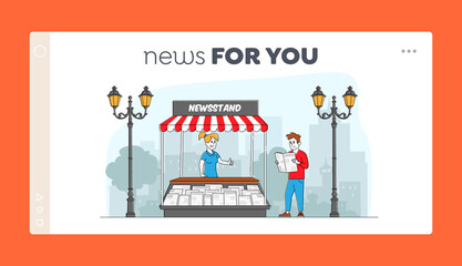 Press Media Business Landing Page Template. Characters Read and Sell Newspapers. Man Stand at Kiosk Read News while Walking on City Street. Person Buying Magazine. Linear People Vector Illustration