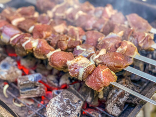 Kabobs on the metal skewers in the beginning of cooking