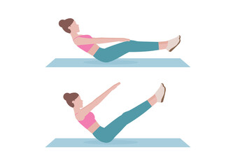 Young woman doing exercises. woman in pink shirt and a blue Long legs. Step by step instruction for doing Boat Pose. Isolated vector illustration in cartoon style. Fitness and heal.