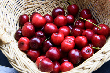 Frisch gepflückte rote Kirschen vor schwarzem Hintergrund als Studioaufnahme.