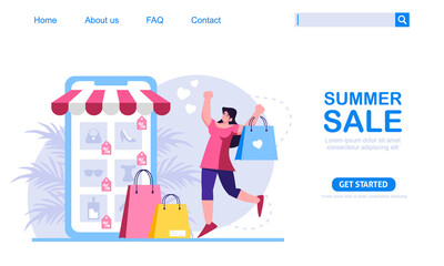 A woman shop with summer discount at mobile application store. Online shopping concept, perfect for web design, banner, mobile app or landing page. Scalable and editable vector illustration.