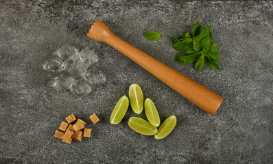 Mojito ingredients, lime, mint, sugar and ice