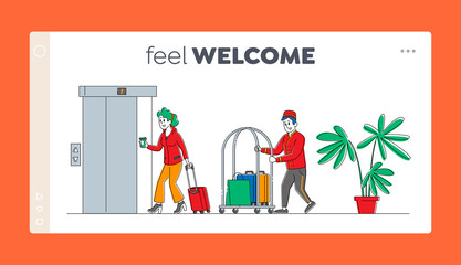 Hospitality, Room Reservation Landing Page Template. Hotel Staff Meeting Guest in Hall Carrying Luggage by Cart. Woman Character Check in Guesthouse for Vacation. Linear People Vector Illustration