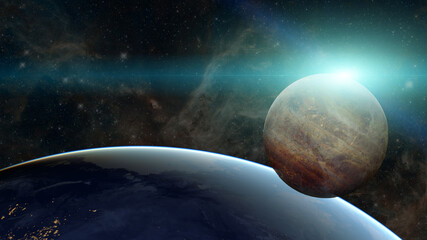 Planet system in space with exoplanet. Elements of this image furnished by NASA
