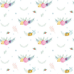Fototapeta premium Watercolor seamless pattern with Traditional Christmas decorations.