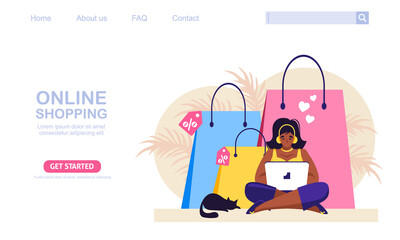 A woman with her laptop shop at online store. Shopping bags at background. Online shopping concept vector illustration, perfect for web design, banner, mobile app, landing page. 
